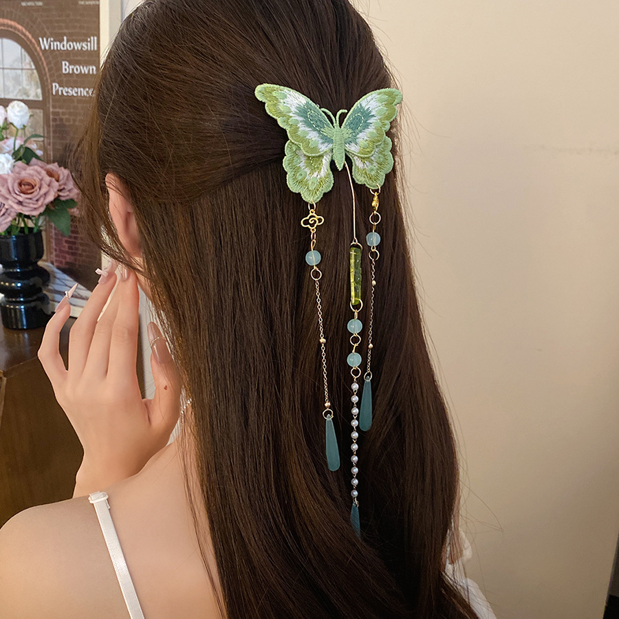Hanbok Hair Pin - Barrettes à cheveux papillon brodées vertes